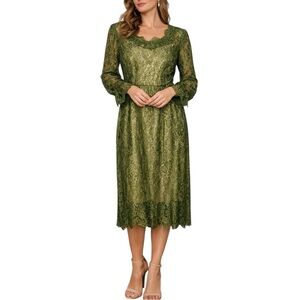 Vintage Green Lace Midi Dress Romantic Cottagecore Fully Lined. Shoulder pads.